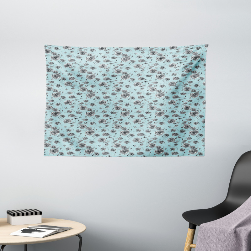 Monochrome WildFlowers Wide Tapestry