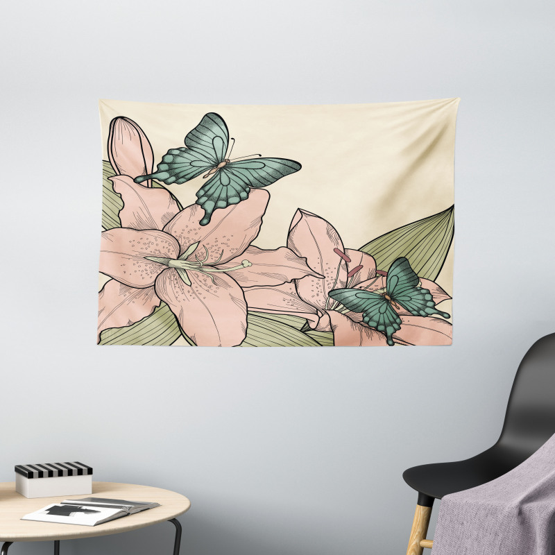 Butterflies and Lilies Wide Tapestry