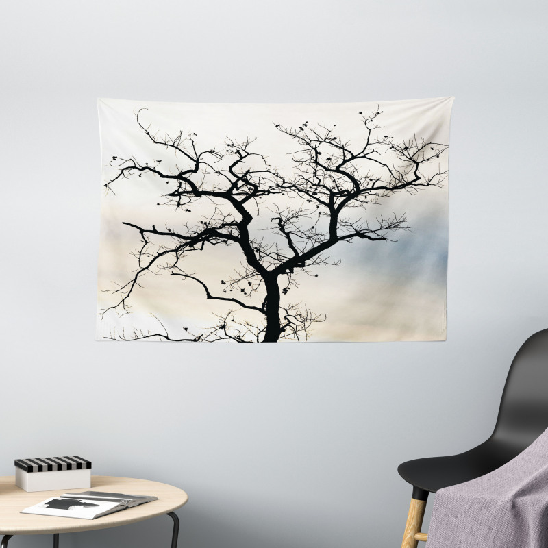 Black Fall Tree Silhouette Wide Tapestry