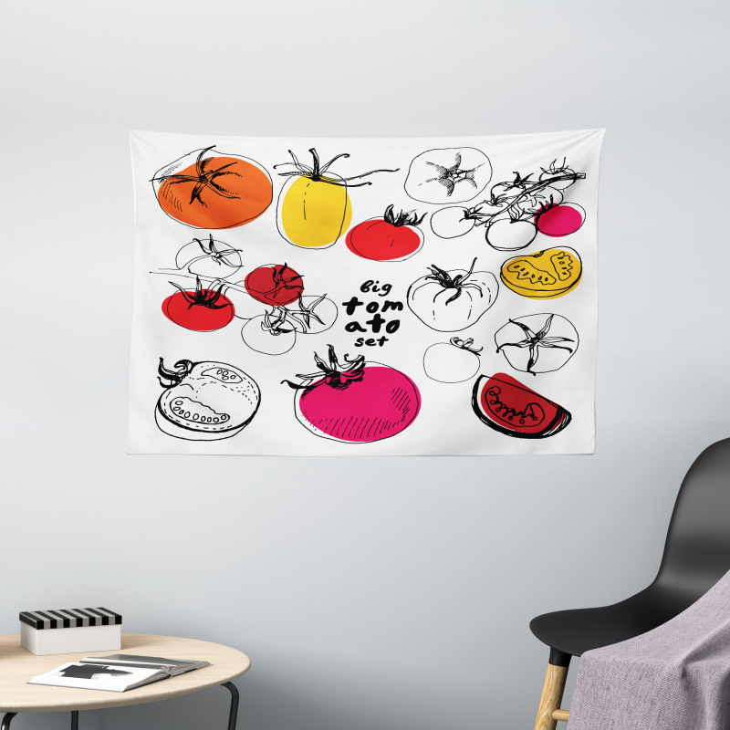 Vivid Sketched Tomatoes Wide Tapestry