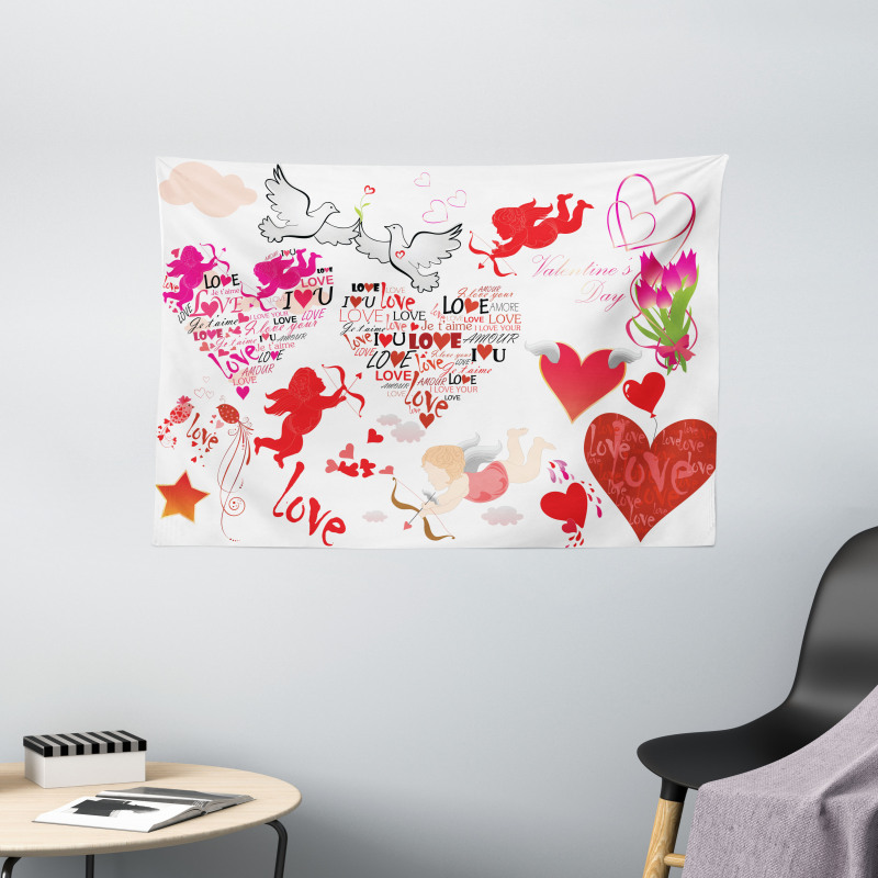 Valentines Day Cupid Birds Wide Tapestry