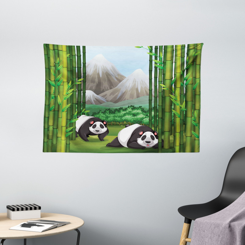 Panda Bear Trees Cartoon Wide Tapestry