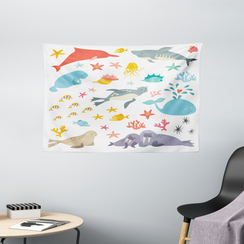 Colorful Ocean Animals Wide Tapestry