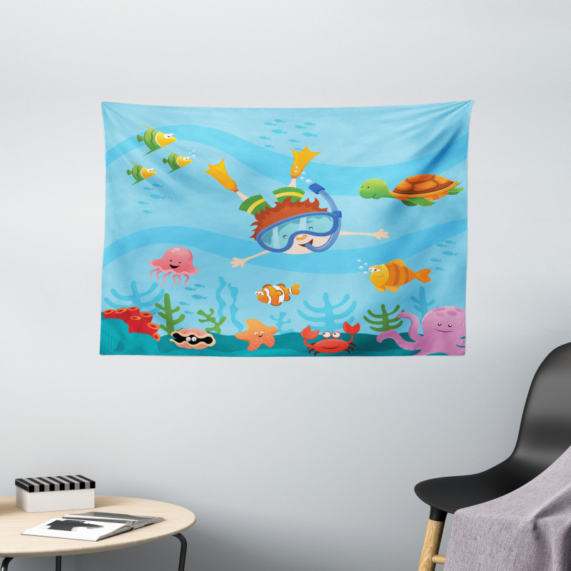 Cartoon Boy Diving to Sea Wide Tapestry