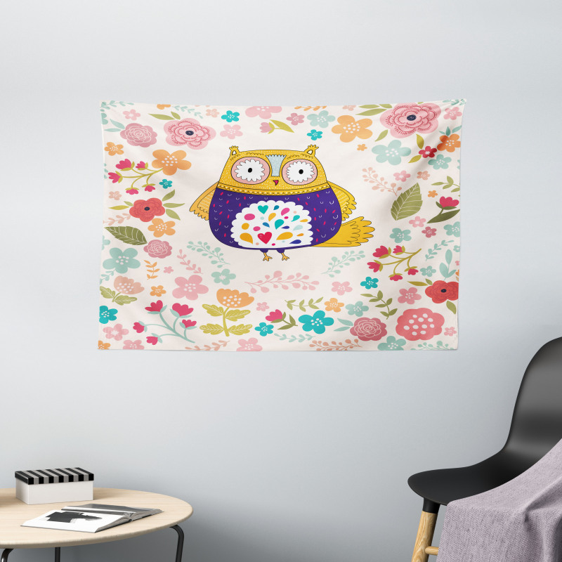 Colorful Bird and Flowers Wide Tapestry