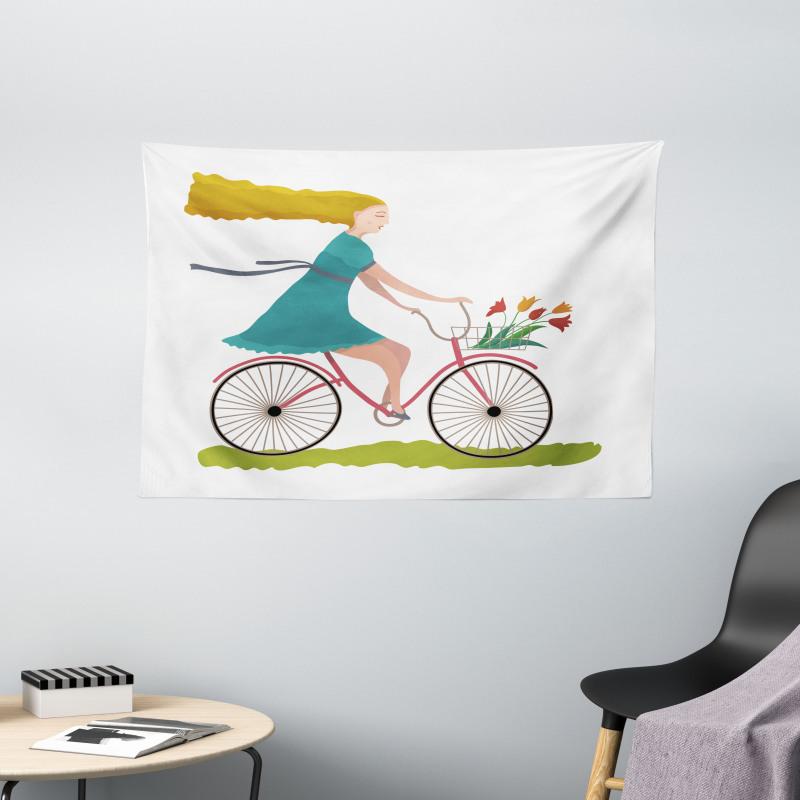 Woman on Bike Tulips Wide Tapestry