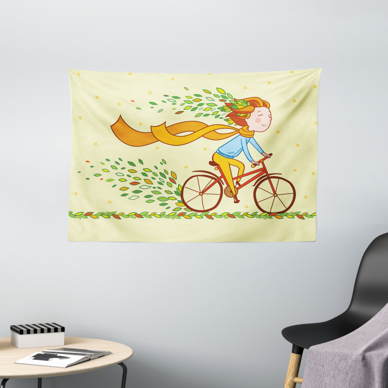 Girl Bike Autumn Leaves Wide Tapestry