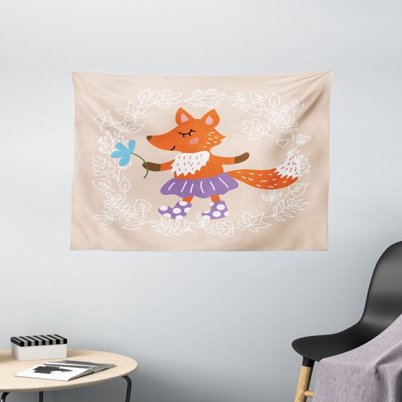 Fox with Clothing Flowers Wide Tapestry