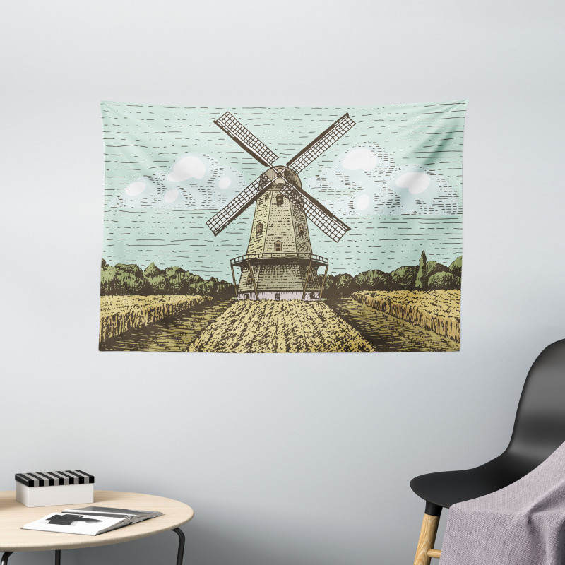 Windmill and Farmland Wide Tapestry