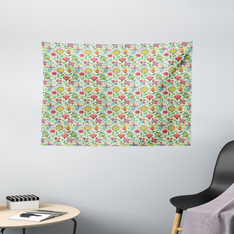 Doodle Blooming Tulips Wide Tapestry
