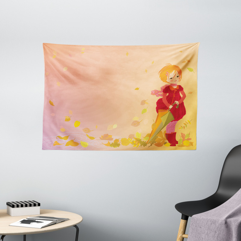 Smiling Girl Autumn Fall Wide Tapestry
