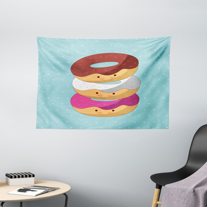 Kawaii Cartoon Donuts Wide Tapestry