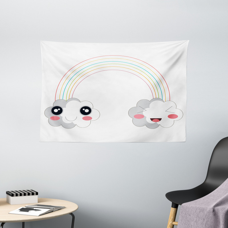 Kids Happy Rainbow Clouds Wide Tapestry