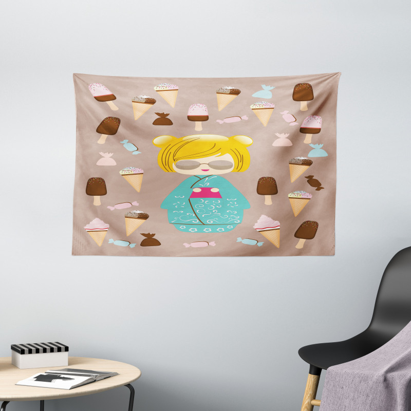 Kokeshi Doll Ice Cream Wide Tapestry