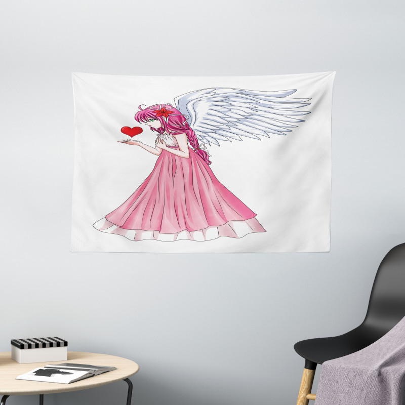 Angel Holding a Red Heart Wide Tapestry