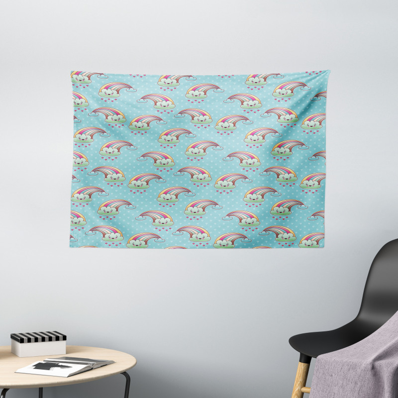 Rainbow Clouds Hearts Wide Tapestry