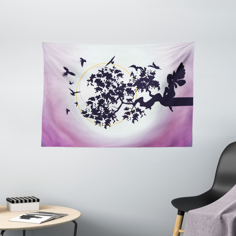 Fantasy Fairy Tree Birds Wide Tapestry