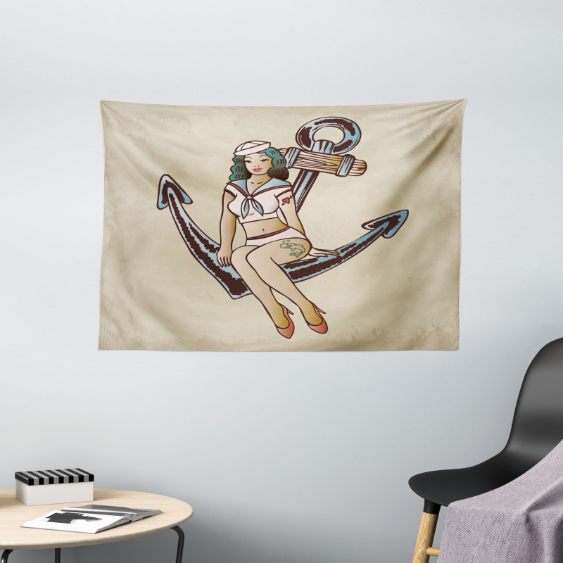 Sailor Pinup Girl Motif Wide Tapestry