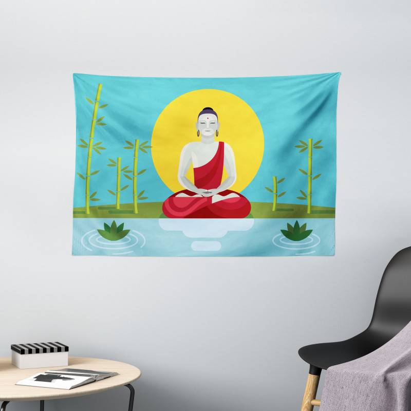 Meditating Monk Yoga Wide Tapestry