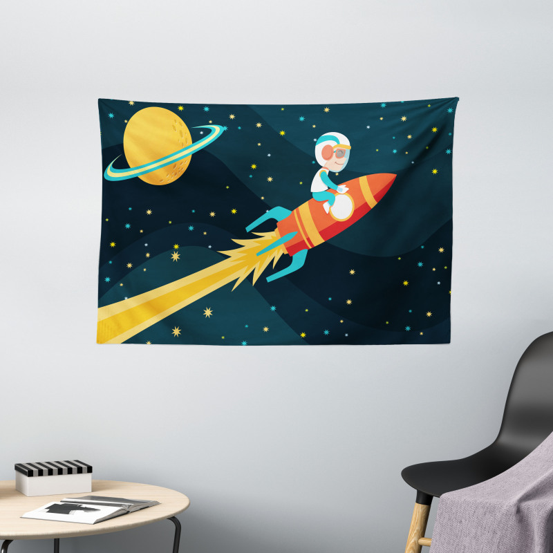 Boy on a Rocket Adventure Wide Tapestry