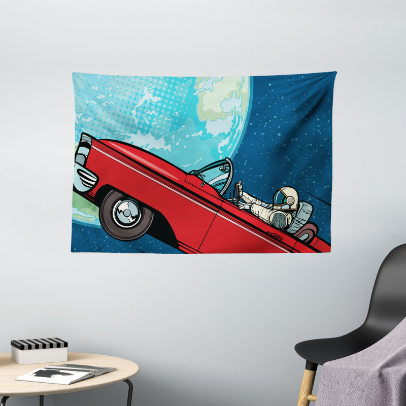 Cosmonaut in a Car Wide Tapestry