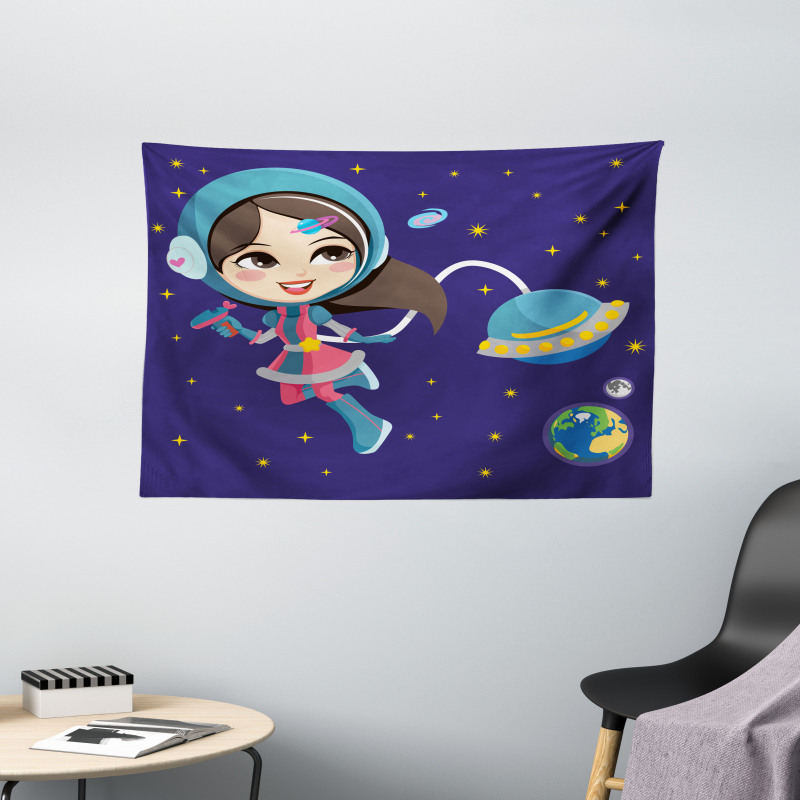 Little Girl in Space Wide Tapestry