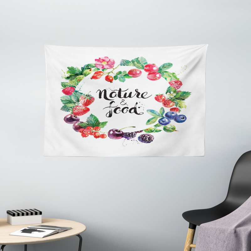 Watercolor Style Berries Wide Tapestry