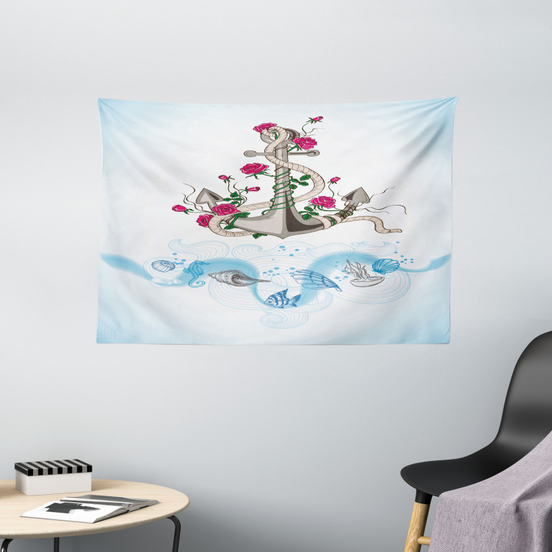 Anchor with Roses Shells Wide Tapestry