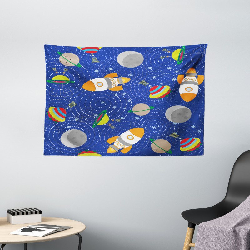 Outer Space Moon UFO Wide Tapestry