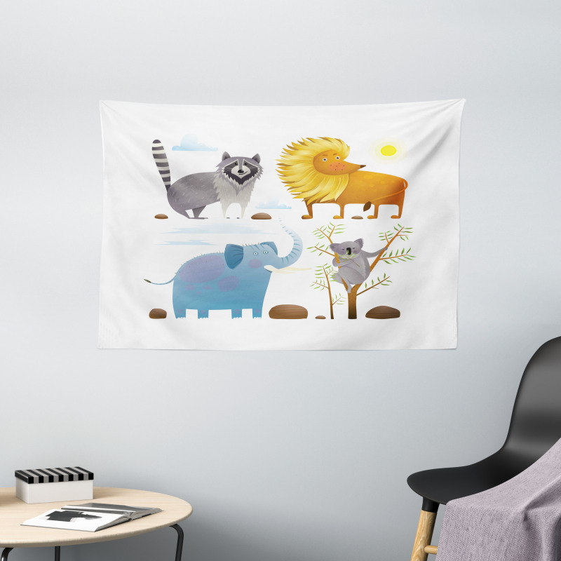 Lion Elephant Raccoon Wide Tapestry