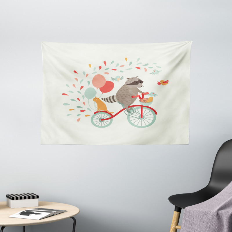 Cheerful Raccoon Bike Wide Tapestry