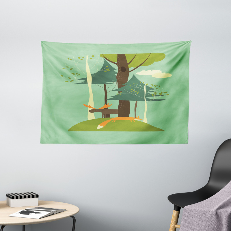 Elk and Fox in Forest Wide Tapestry