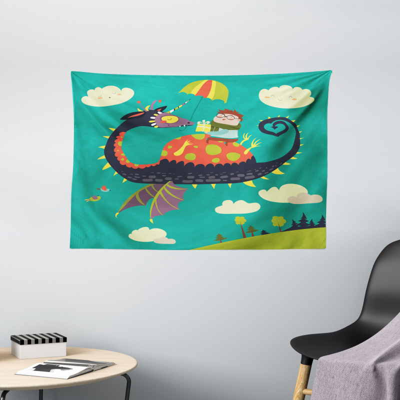 Fantasy Dragon Rider Wide Tapestry