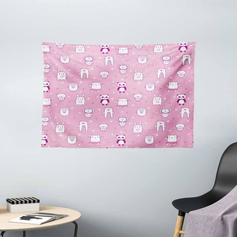 Funny Animals Pink Wide Tapestry
