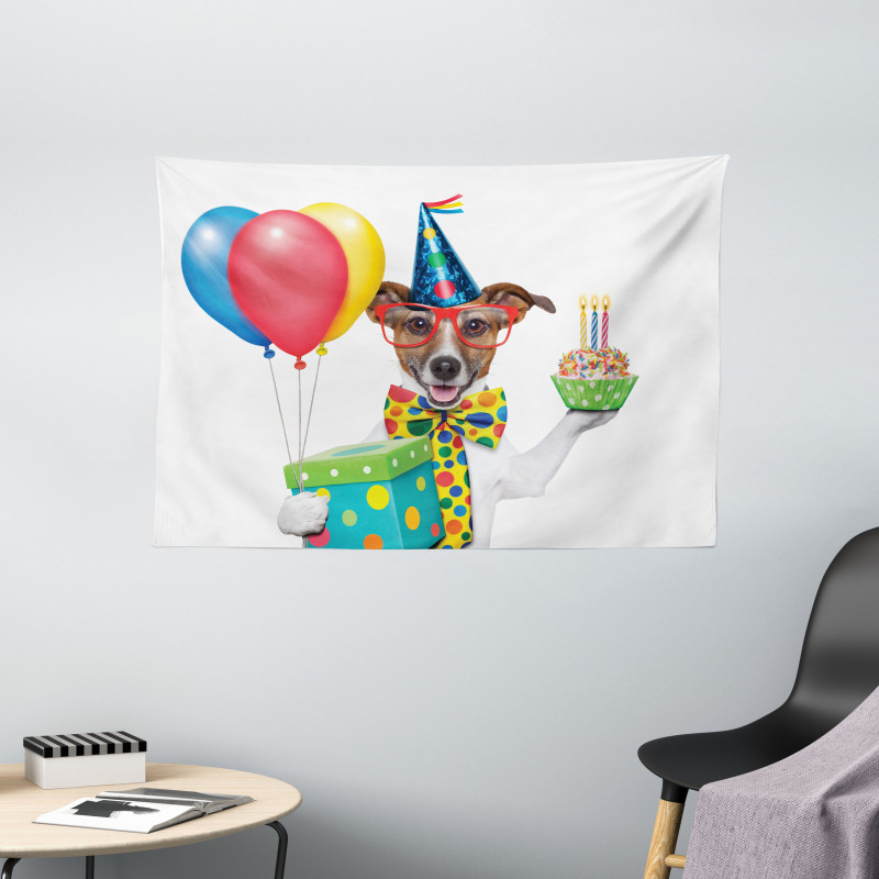Party Dog and Balloons Wide Tapestry
