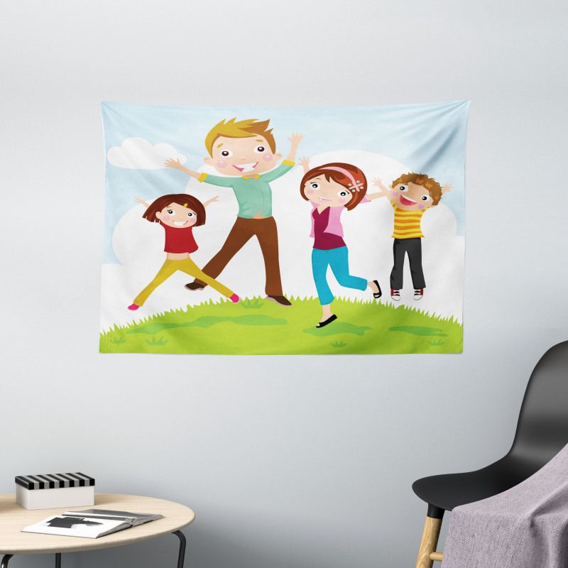 Happy Mom Dad and Kids Wide Tapestry