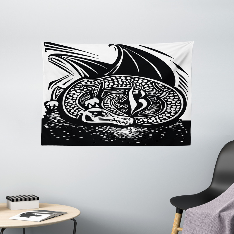 Curled up Dragon Sketch Wide Tapestry