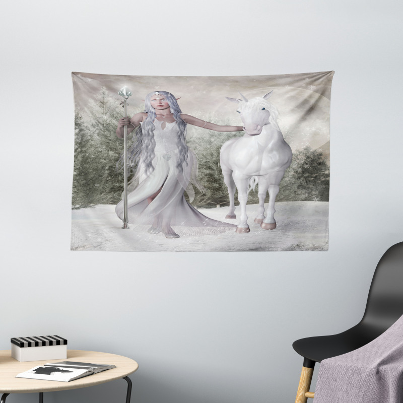 Elf Holdng Mace and Horse Wide Tapestry