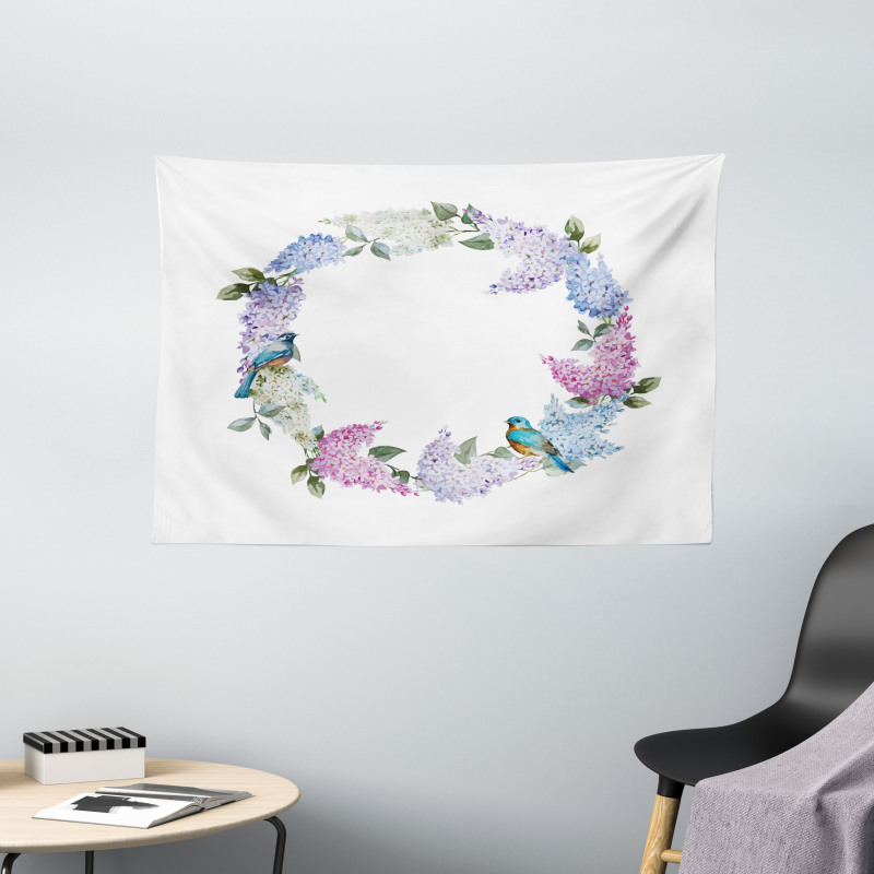 Flower Wreath and Bird Wide Tapestry