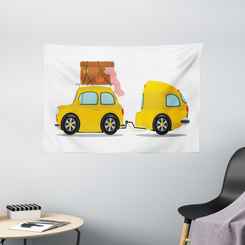Retro Car with Trailer Wide Tapestry