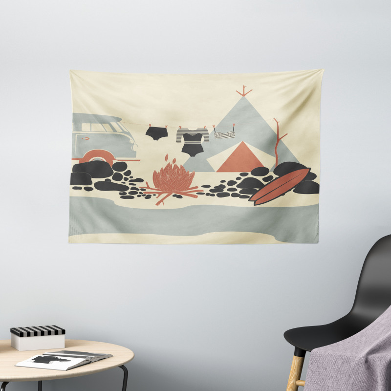 Tent Van and Fire Beach Wide Tapestry