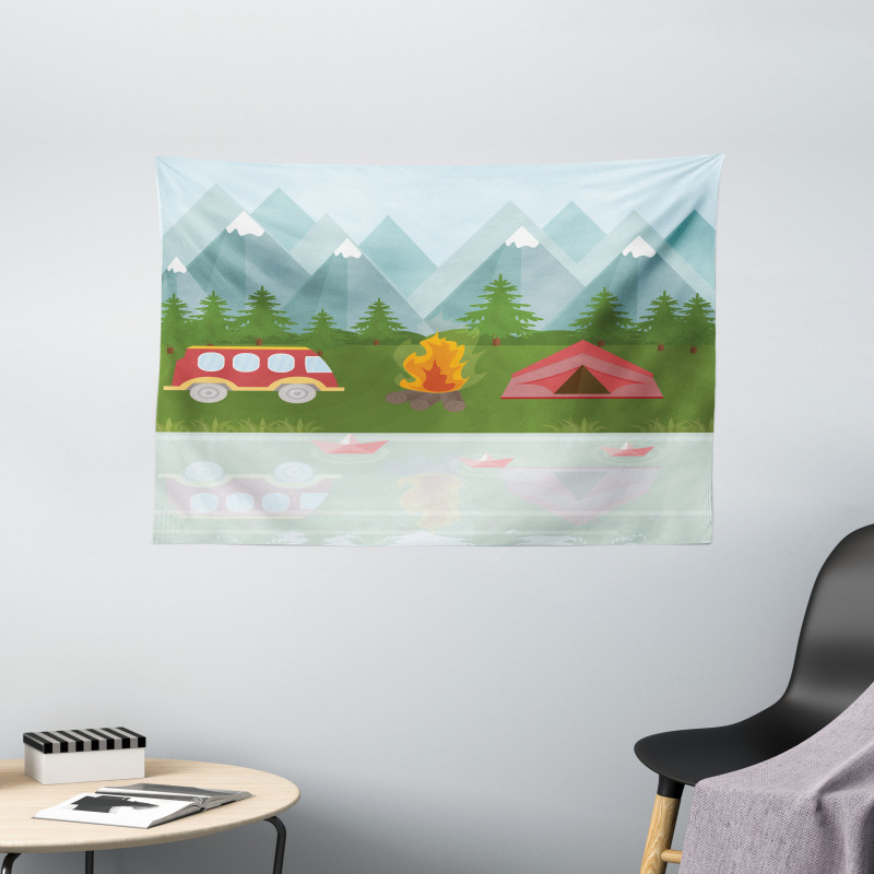 Cartoon Caravan Tent Wide Tapestry