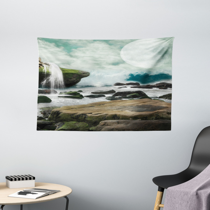 Waterfall Foggy Full Moon Wide Tapestry