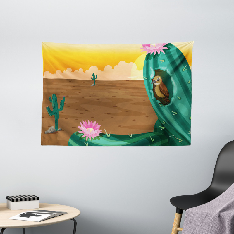 Desert Cactus and Bird Wide Tapestry