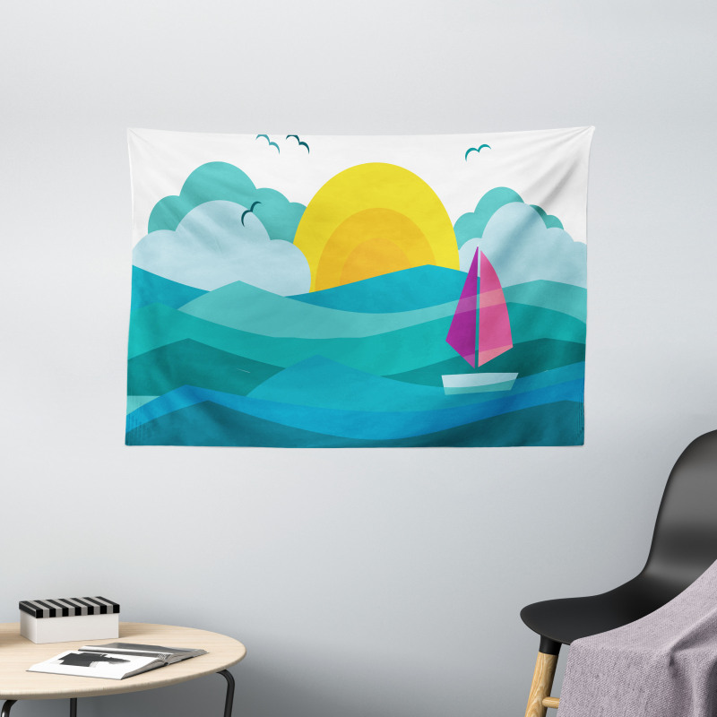 Sunny Sea Sail Ship Wide Tapestry
