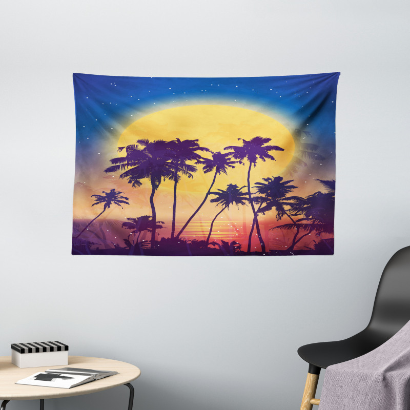 Retro Moon Rise Palms Wide Tapestry