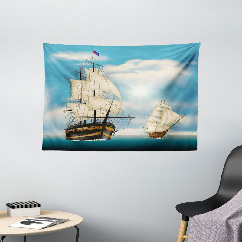 Antique Ships Navy Wide Tapestry