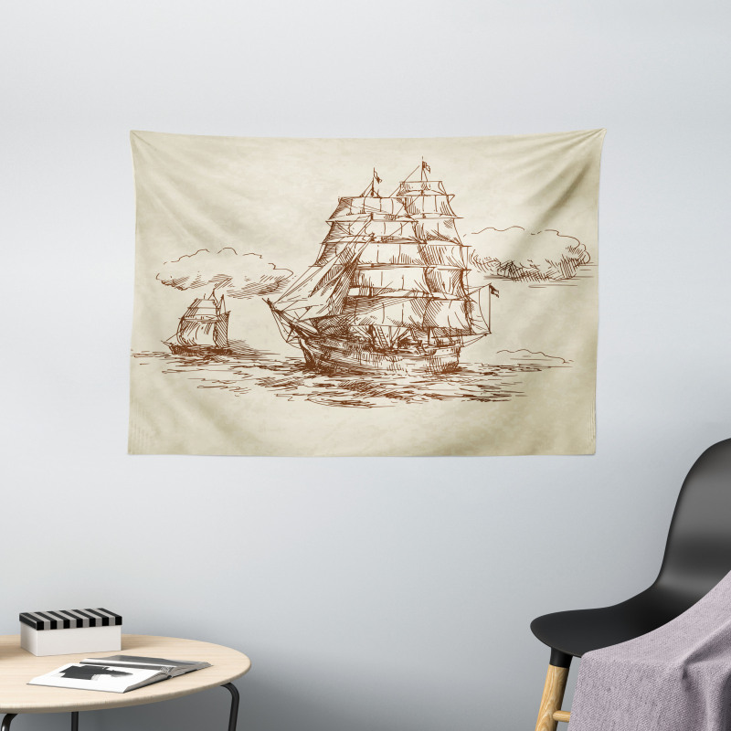 Old Ship Sketch Wide Tapestry