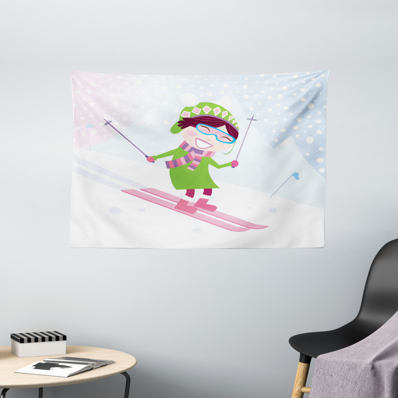 Skiing Girl Snow Wide Tapestry