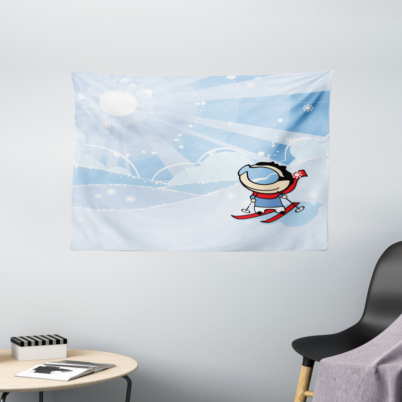 Skiing Boy Sunshine Wide Tapestry